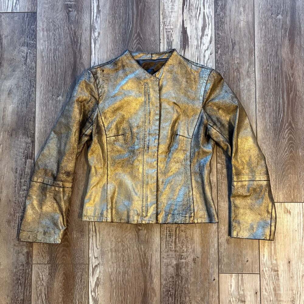 BCBG Max Azria Metallic Gold Leather Moto Jacket Womens 6